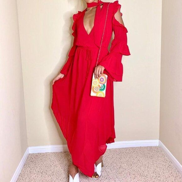 Contemporaray asymmetrical Hem Cold shoulder Midi Dress Red - Picture 1 of 6